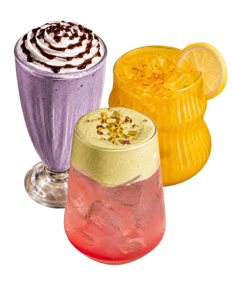 Hazelnut French Gateau, Rose Tea Pistachio, and Sunset Chili Mango drinks